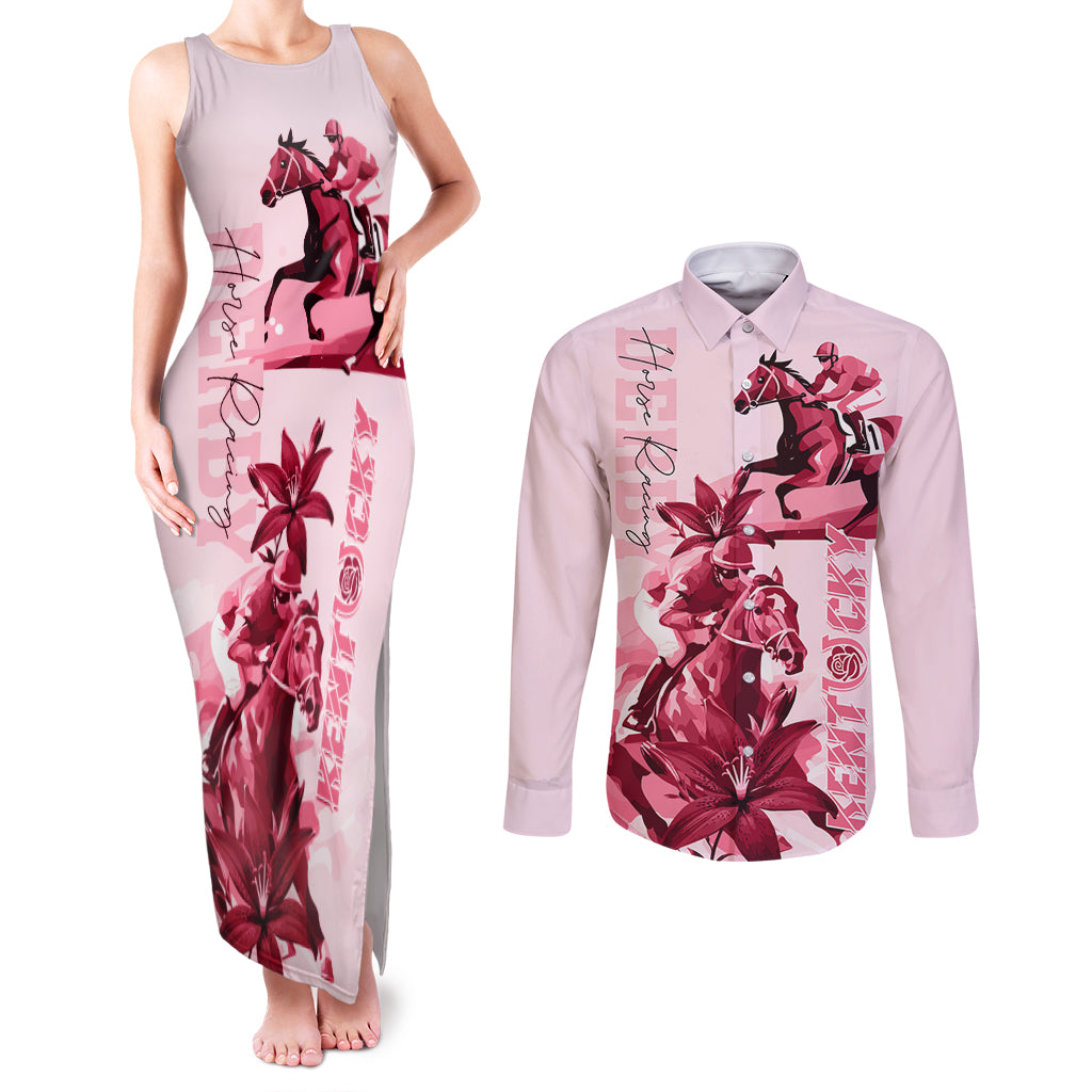 Kentucky Couples Matching Tank Maxi Dress and Long Sleeve Button Shirt Horse Racing Lily Stargazer Pink Version - Wonder Print Shop