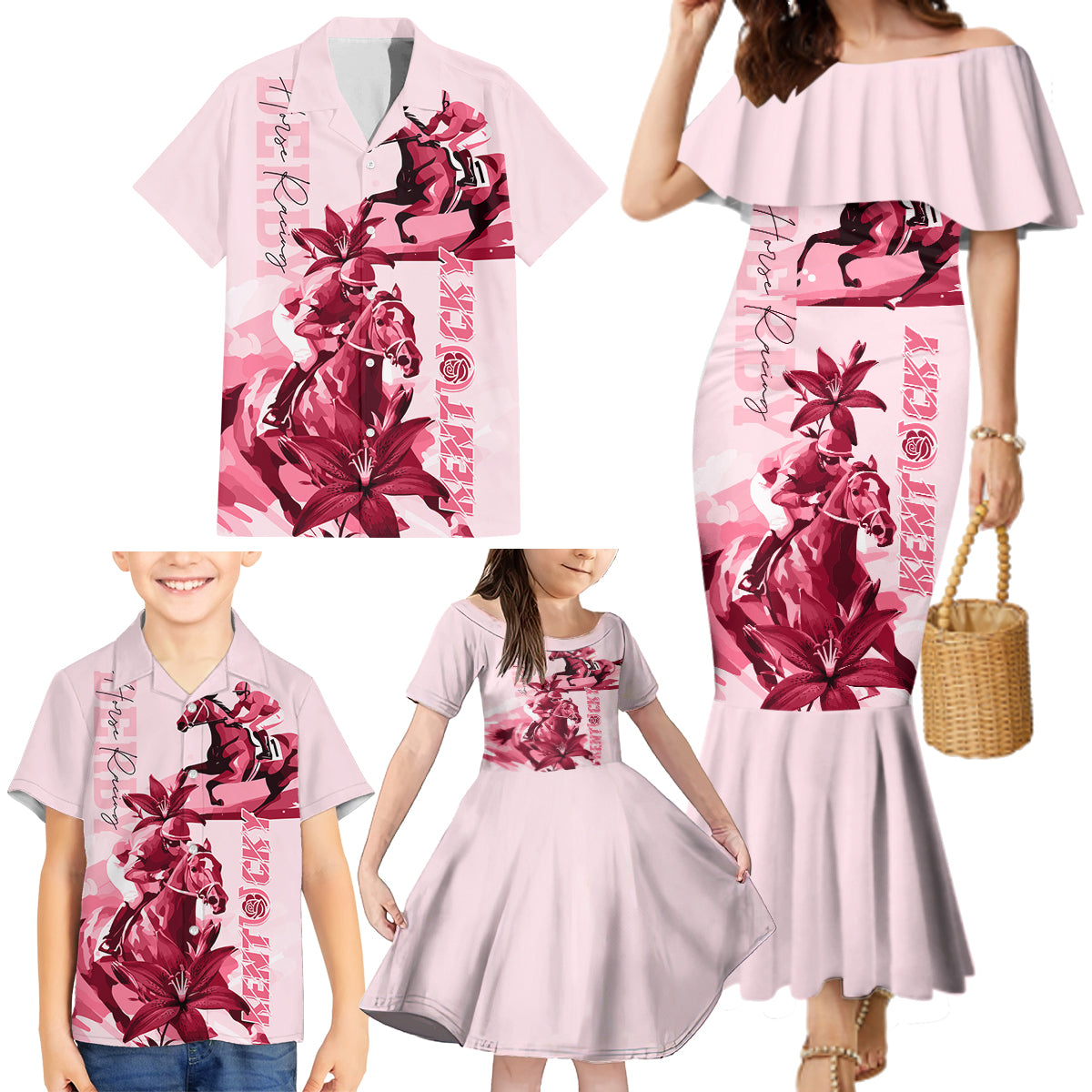 Kentucky Family Matching Mermaid Dress and Hawaiian Shirt Horse Racing Lily Stargazer Pink Version - Wonder Print Shop