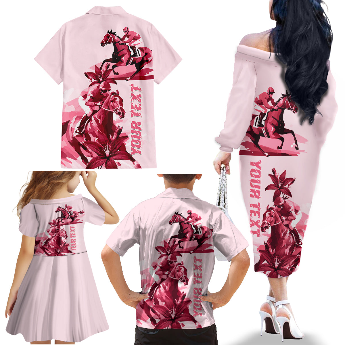 Kentucky Family Matching Off Shoulder Long Sleeve Dress and Hawaiian Shirt Horse Racing Lily Stargazer Pink Version - Wonder Print Shop