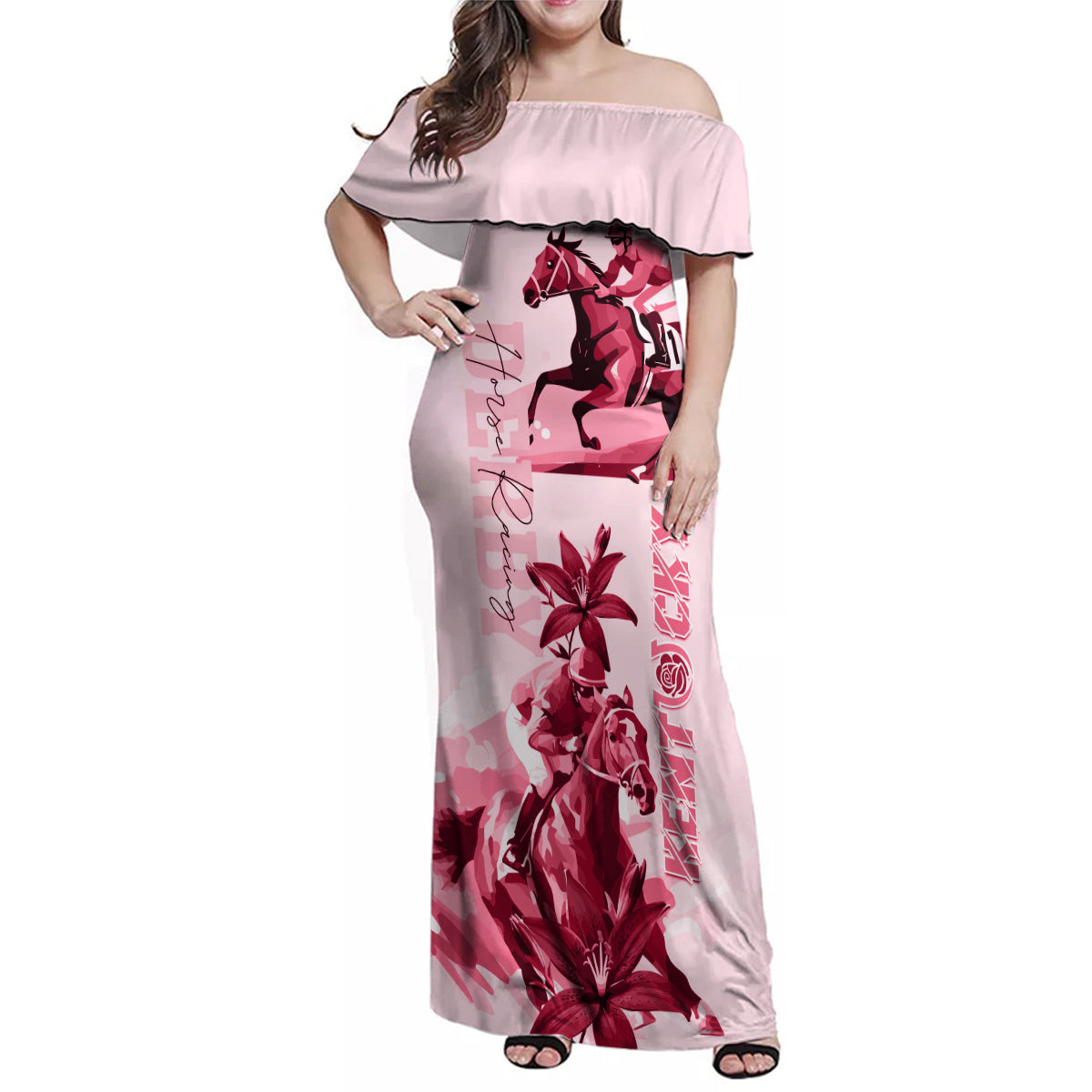 Kentucky Family Matching Off Shoulder Maxi Dress and Hawaiian Shirt Horse Racing Lily Stargazer Pink Version - Wonder Print Shop
