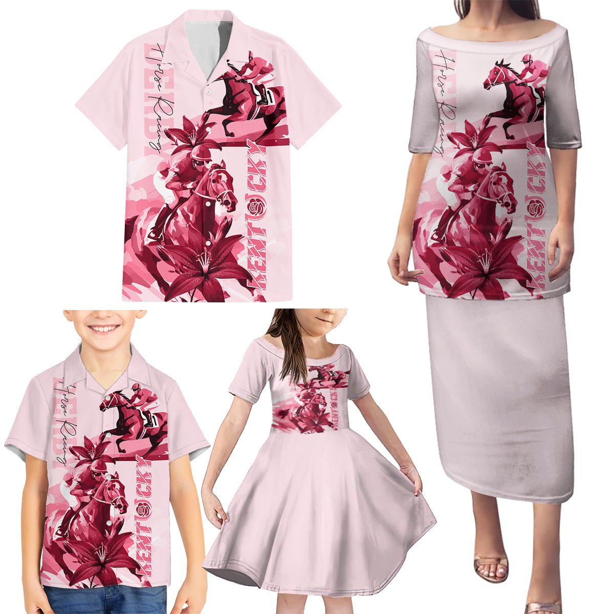 Kentucky Family Matching Puletasi and Hawaiian Shirt Horse Racing Lily Stargazer Pink Version - Wonder Print Shop