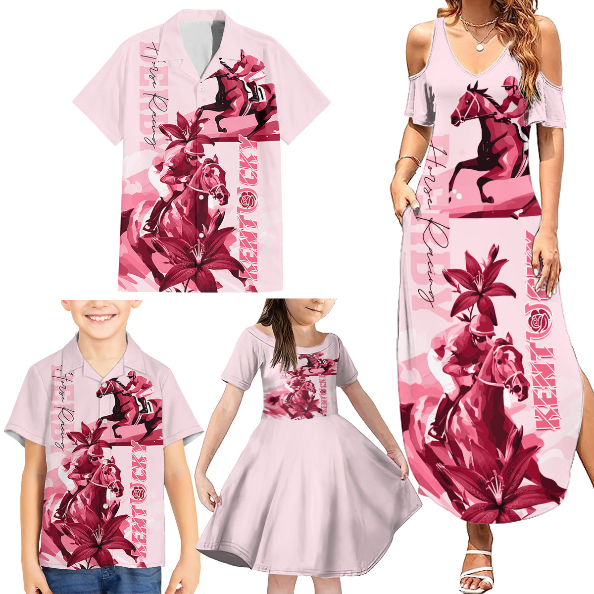Kentucky Family Matching Summer Maxi Dress and Hawaiian Shirt Horse Racing Lily Stargazer Pink Version - Wonder Print Shop