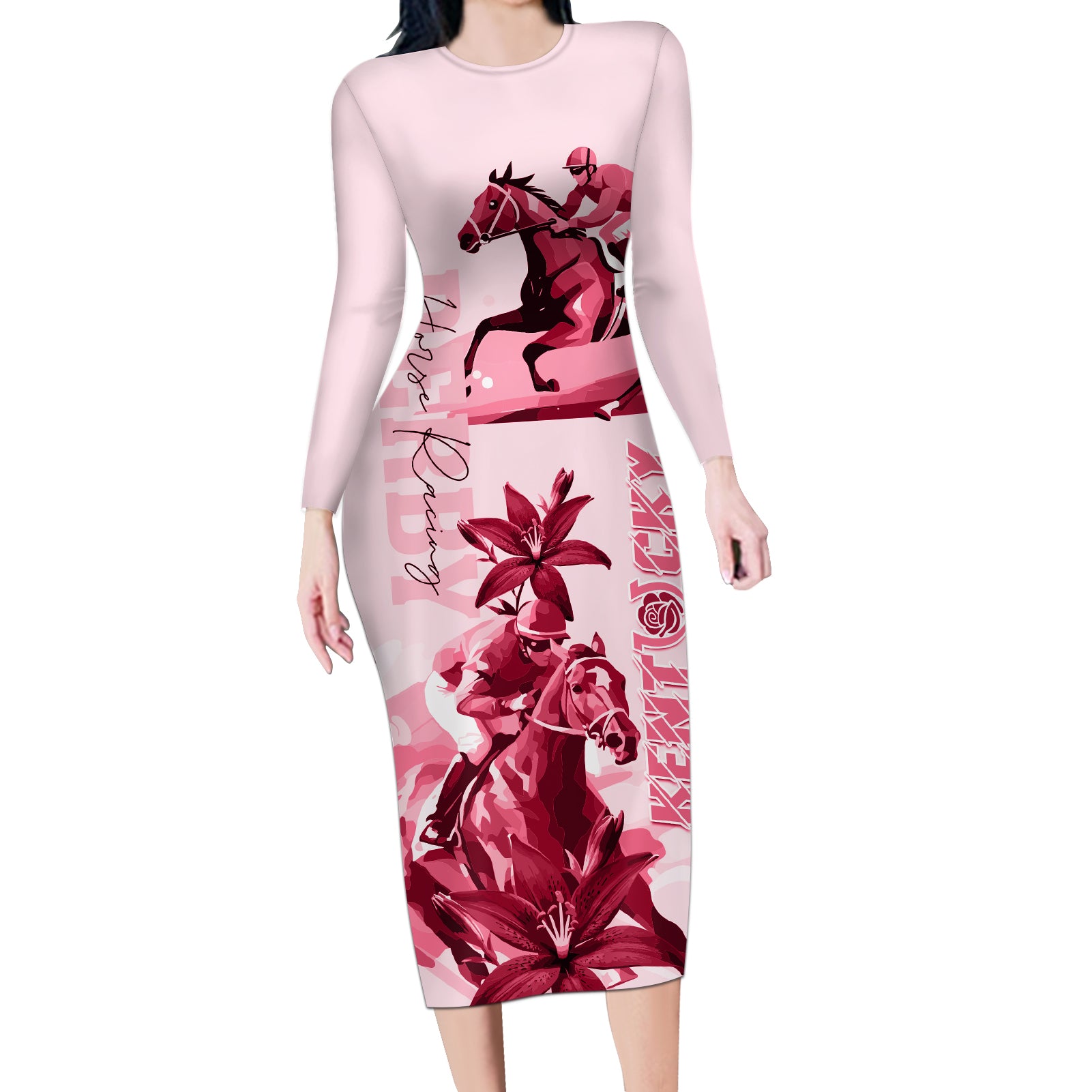 Kentucky Long Sleeve Bodycon Dress Horse Racing Lily Stargazer Pink Version - Wonder Print Shop