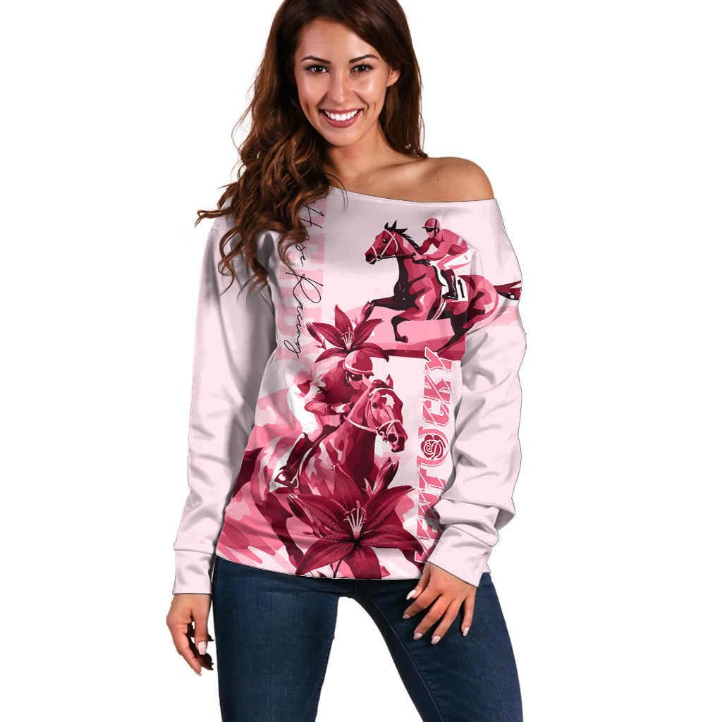 Kentucky Off Shoulder Sweater Horse Racing Lily Stargazer Pink Version - Wonder Print Shop