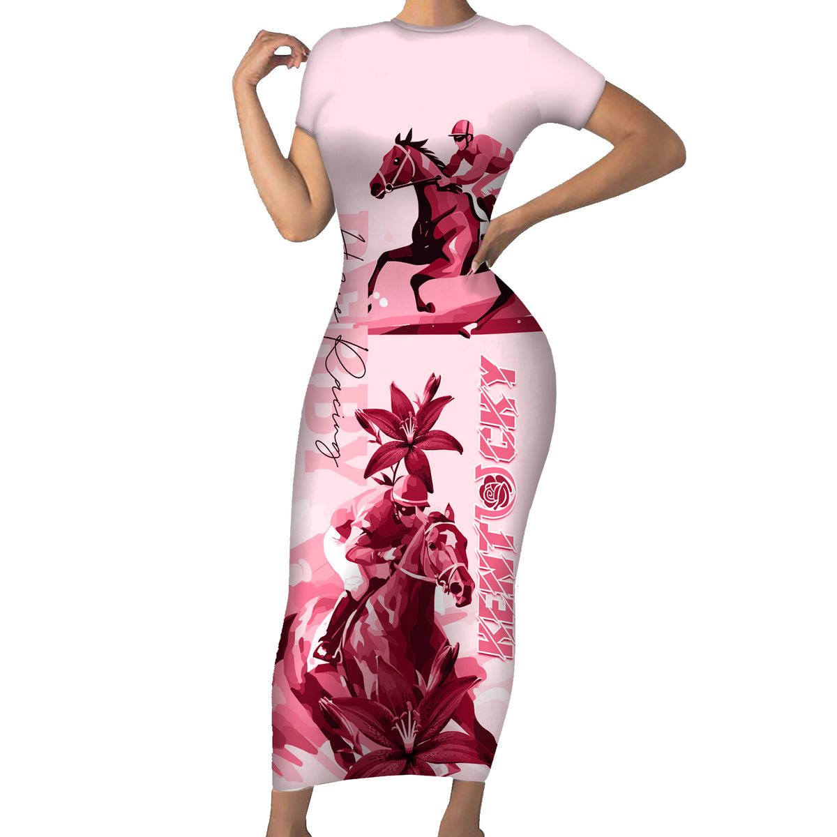 Kentucky Short Sleeve Bodycon Dress Horse Racing Lily Stargazer Pink Version - Wonder Print Shop