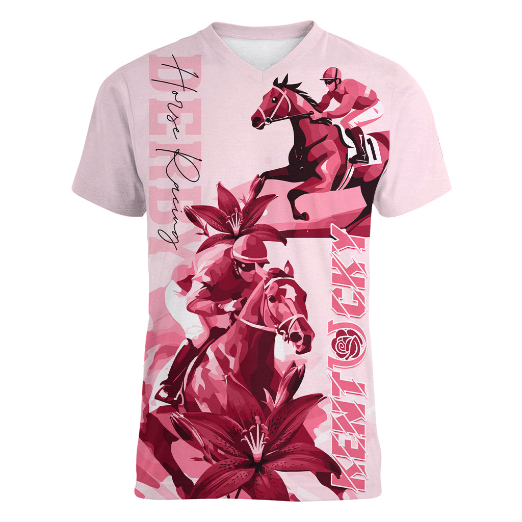 Kentucky Women V Neck T Shirt Horse Racing Lily Stargazer Pink Version - Wonder Print Shop