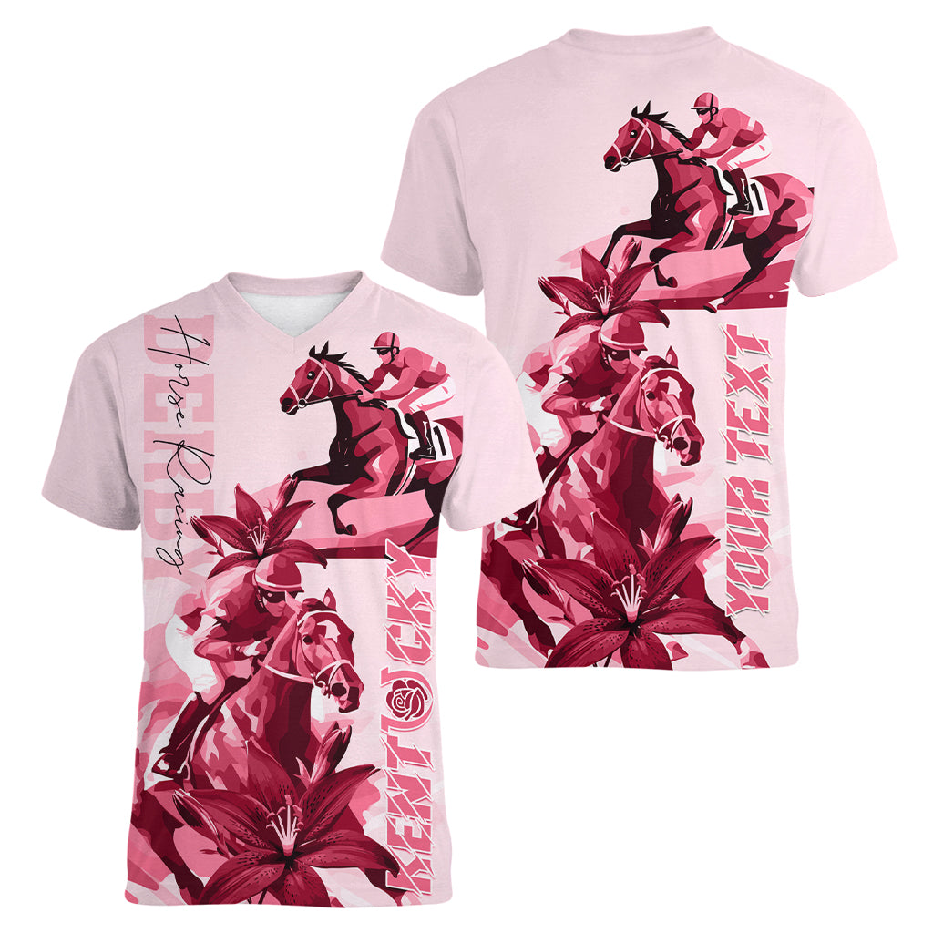 Kentucky Women V Neck T Shirt Horse Racing Lily Stargazer Pink Version - Wonder Print Shop