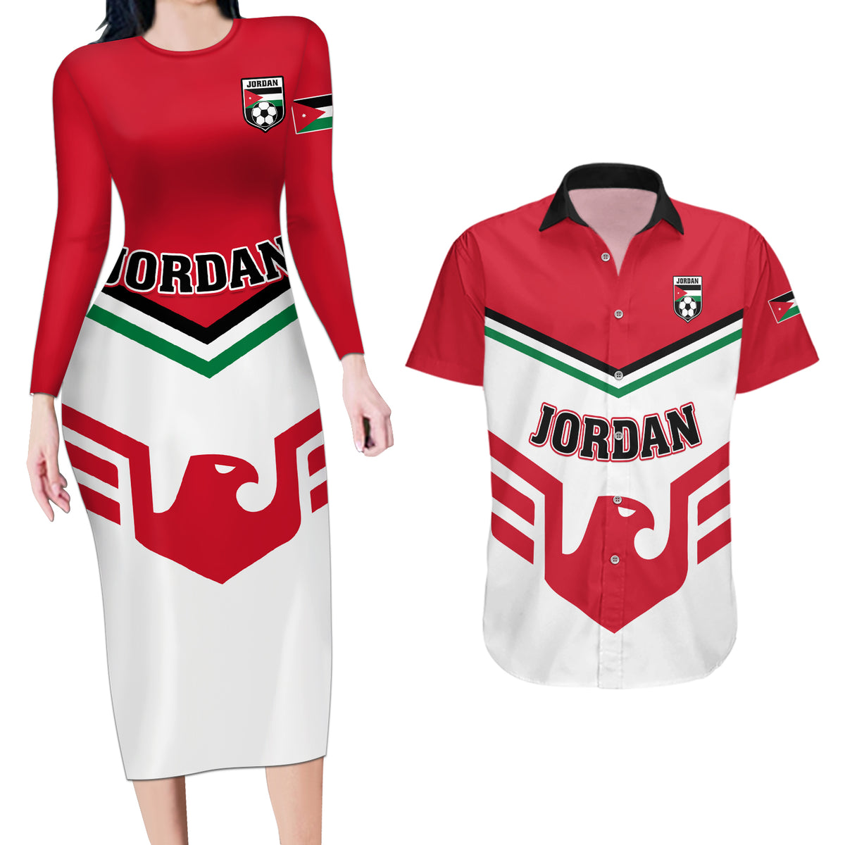 Jordan Football Couples Matching Long Sleeve Bodycon Dress and Hawaiian Shirt The Chivalrous Go Champion - Wonder Print Shop