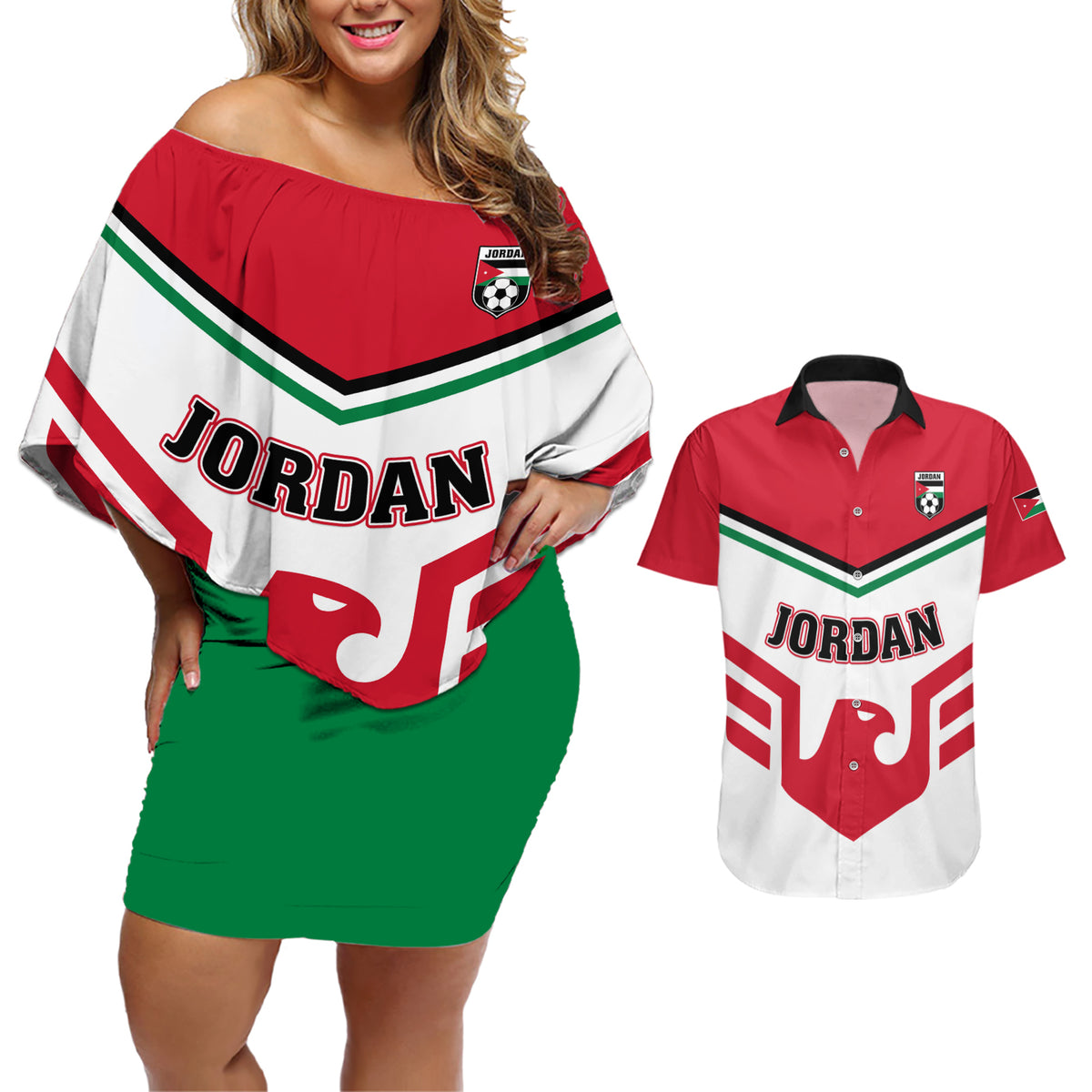 Jordan Football Couples Matching Off Shoulder Short Dress and Hawaiian Shirt The Chivalrous Go Champion - Wonder Print Shop