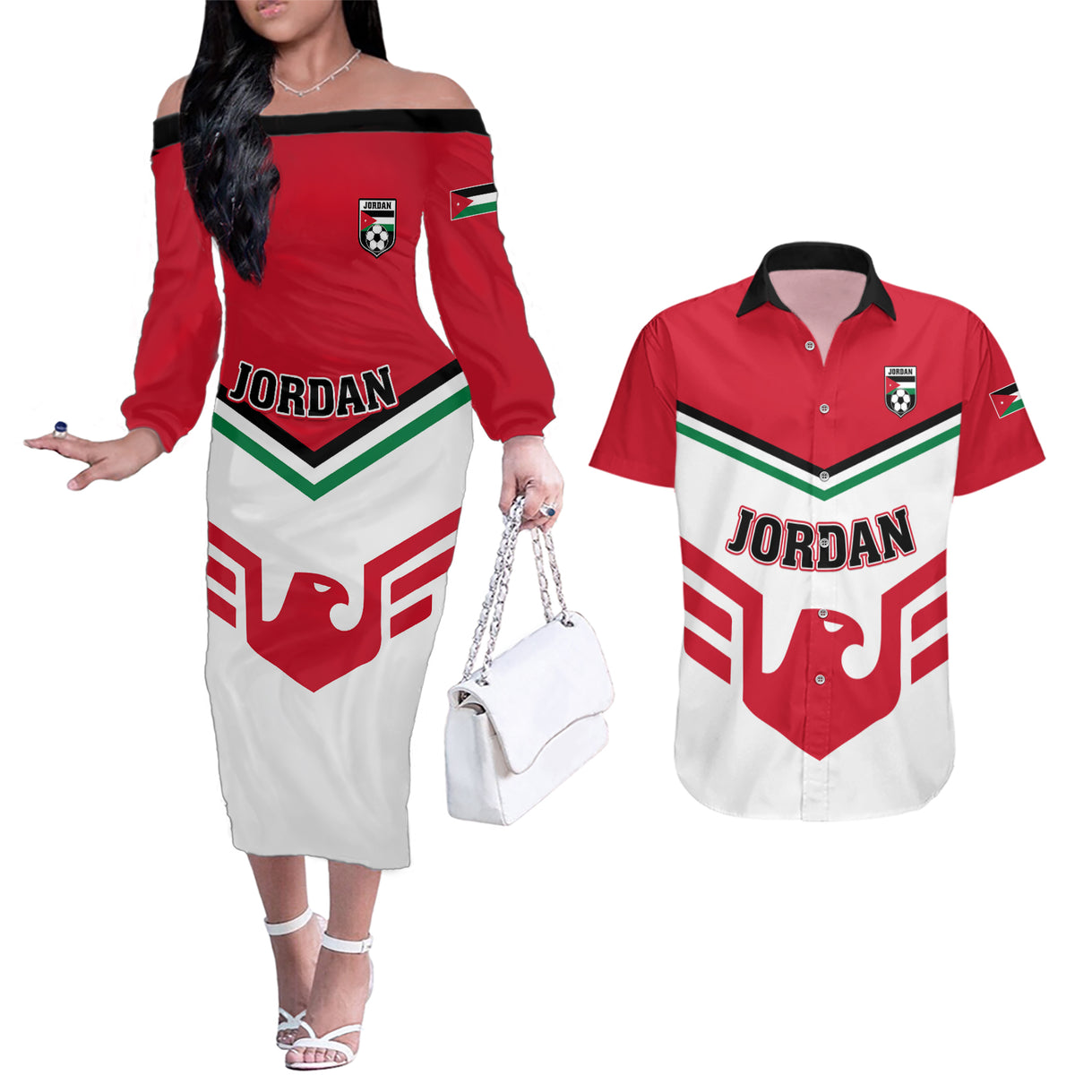 Jordan Football Couples Matching Off The Shoulder Long Sleeve Dress and Hawaiian Shirt The Chivalrous Go Champion - Wonder Print Shop