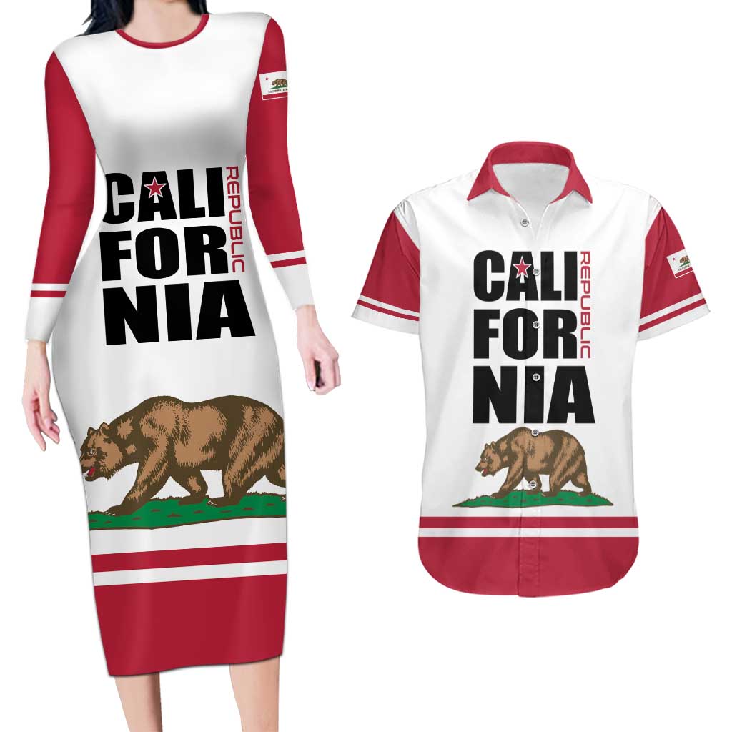 Personalized California Republic Couples Matching Long Sleeve Bodycon Dress and Hawaiian Shirt Red Star The Bear Flag