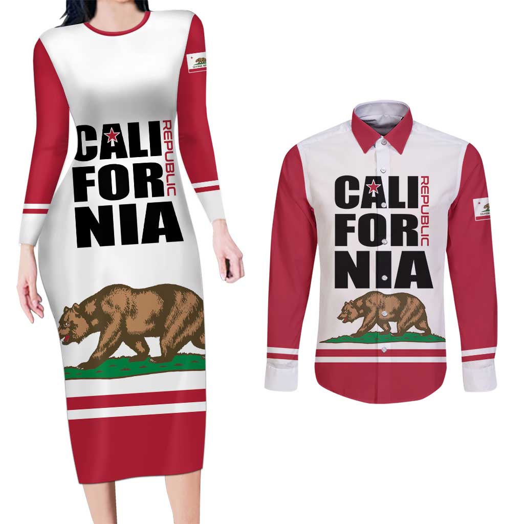 Personalized California Republic Couples Matching Long Sleeve Bodycon Dress and Long Sleeve Button Shirt Red Star The Bear Flag