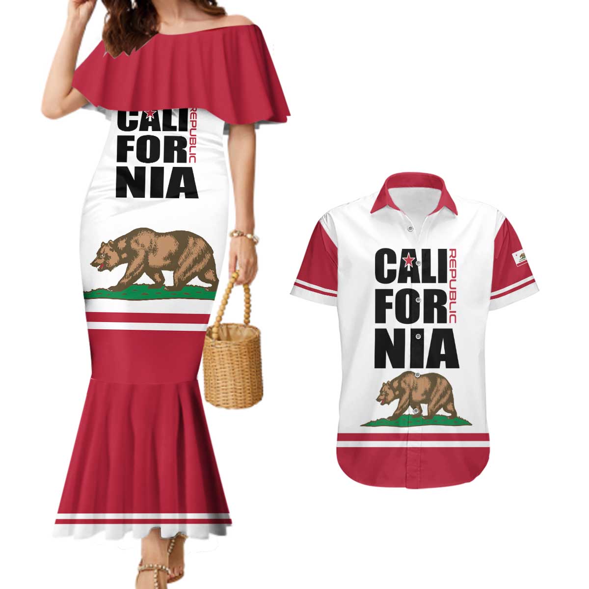 Personalized California Republic Couples Matching Mermaid Dress and Hawaiian Shirt Red Star The Bear Flag