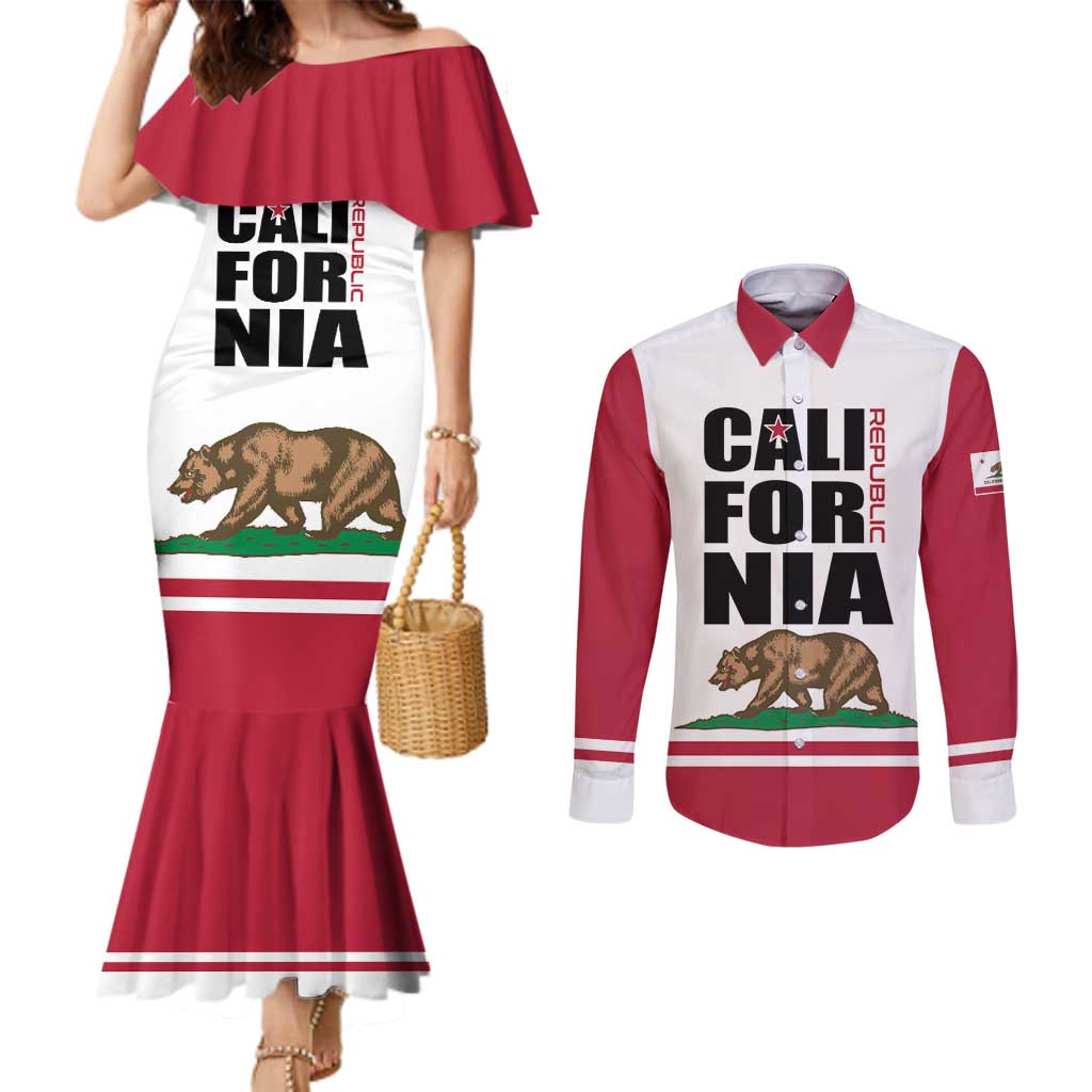 Personalized California Republic Couples Matching Mermaid Dress and Long Sleeve Button Shirt Red Star The Bear Flag