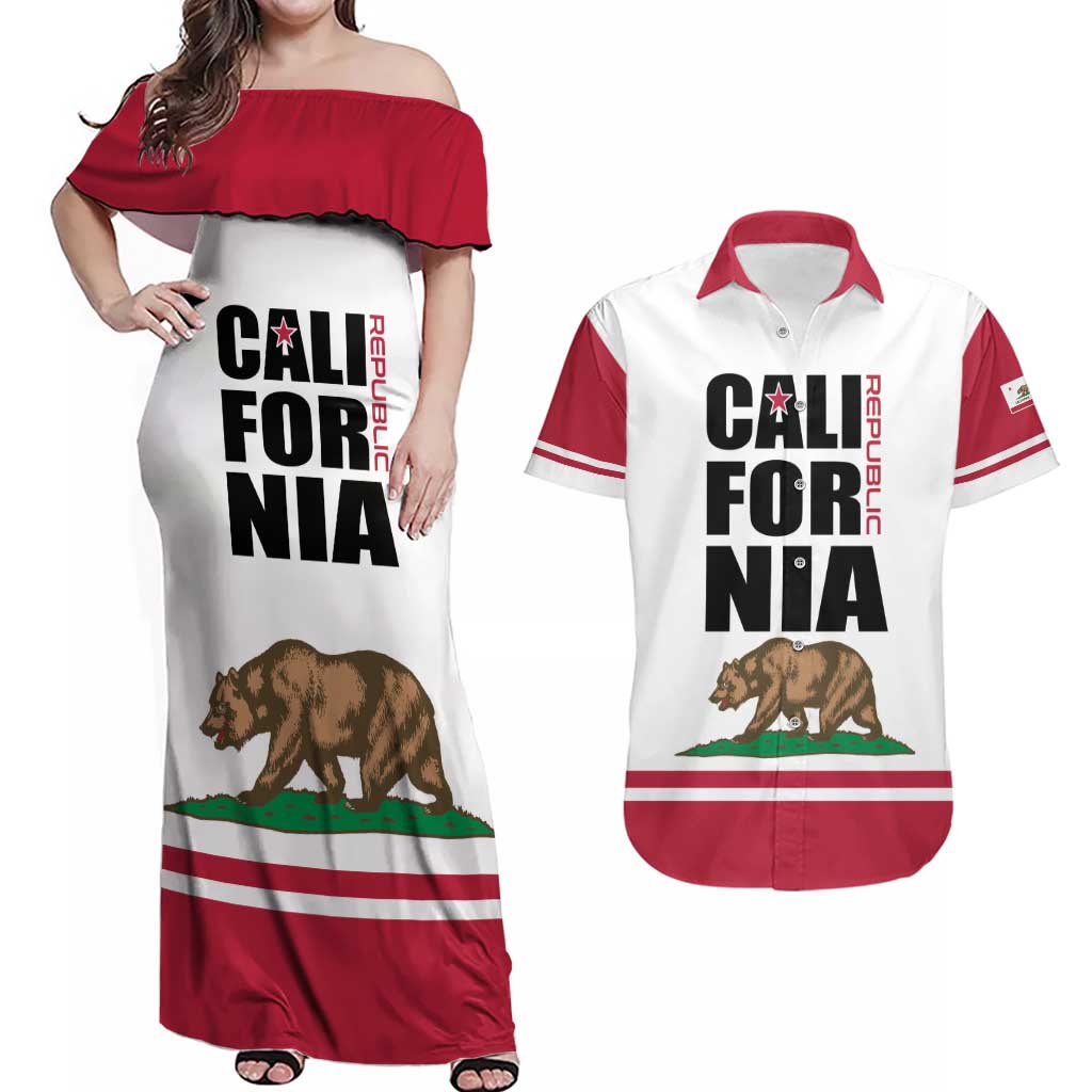 Personalized California Republic Couples Matching Off Shoulder Maxi Dress and Hawaiian Shirt Red Star The Bear Flag