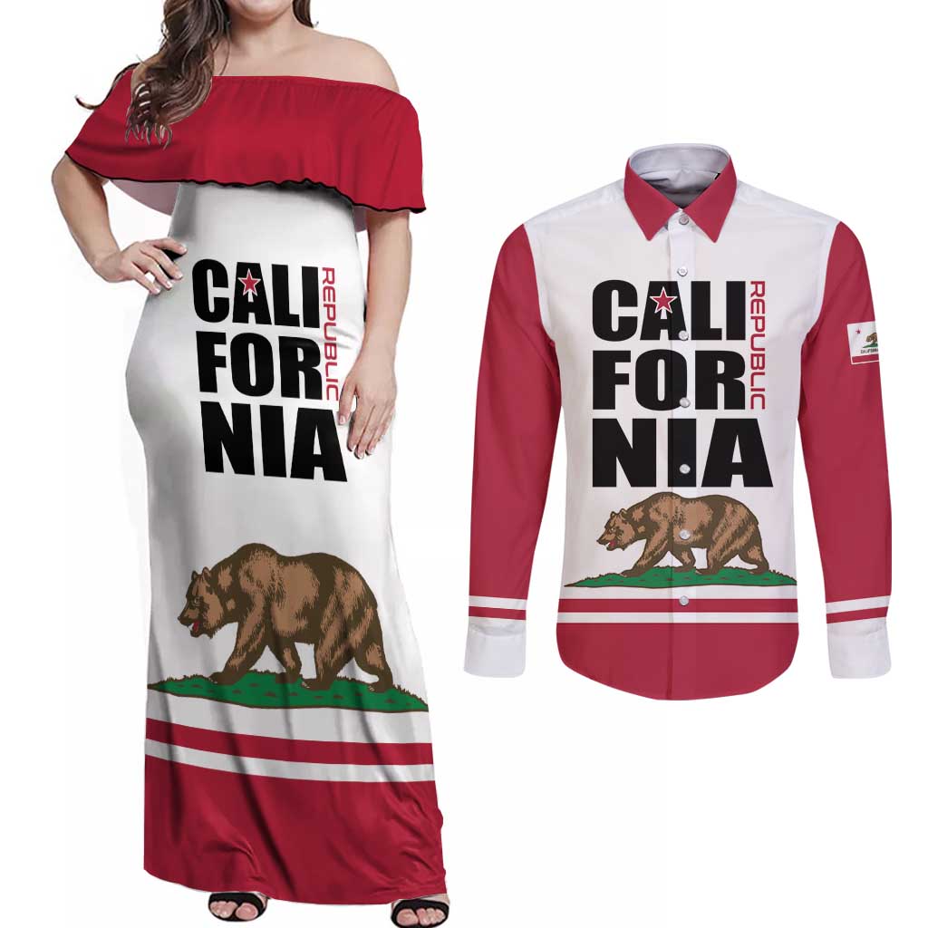 Personalized California Republic Couples Matching Off Shoulder Maxi Dress and Long Sleeve Button Shirt Red Star The Bear Flag