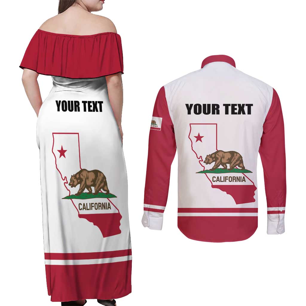 Personalized California Republic Couples Matching Off Shoulder Maxi Dress and Long Sleeve Button Shirt Red Star The Bear Flag