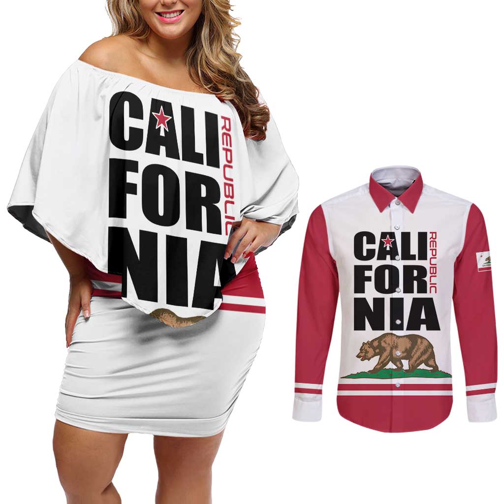 Personalized California Republic Couples Matching Off Shoulder Short Dress and Long Sleeve Button Shirt Red Star The Bear Flag