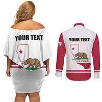 Personalized California Republic Couples Matching Off Shoulder Short Dress and Long Sleeve Button Shirt Red Star The Bear Flag