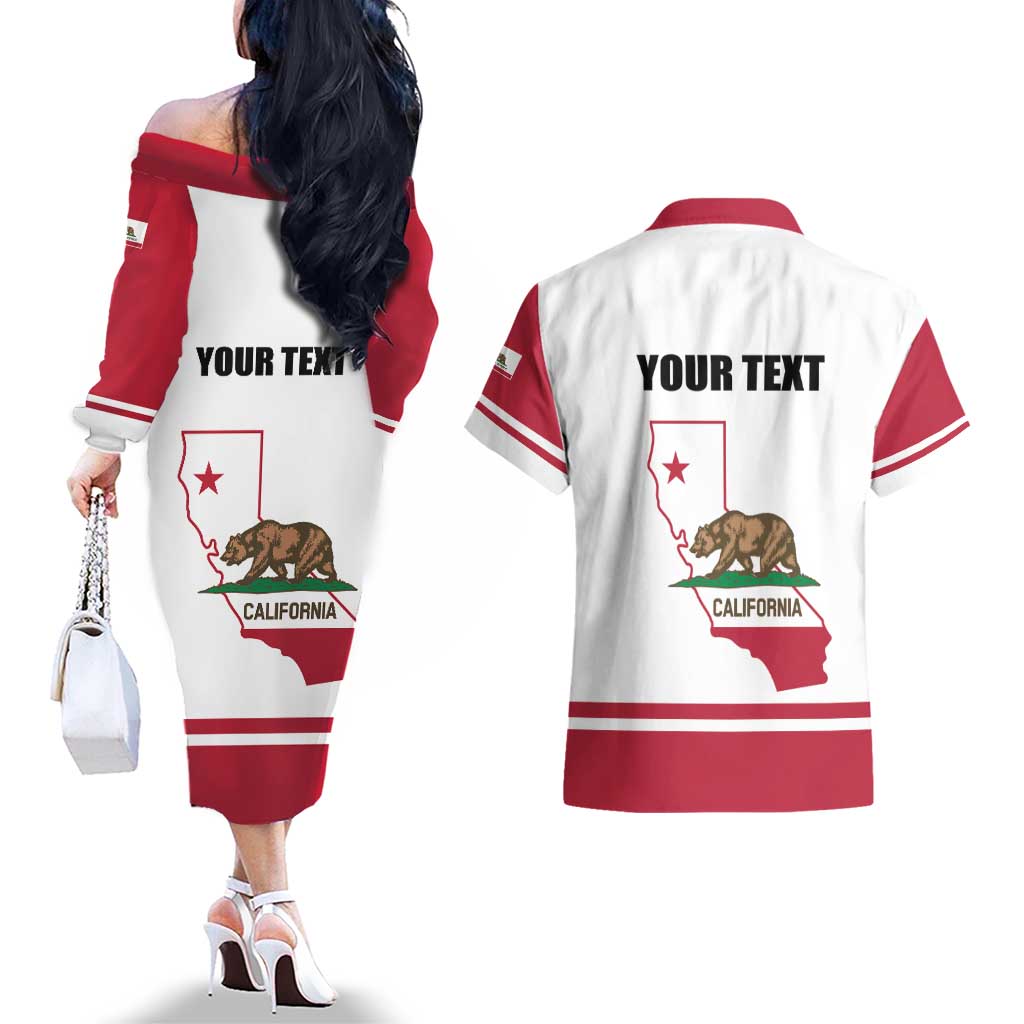 Personalized California Republic Couples Matching Off The Shoulder Long Sleeve Dress and Hawaiian Shirt Red Star The Bear Flag