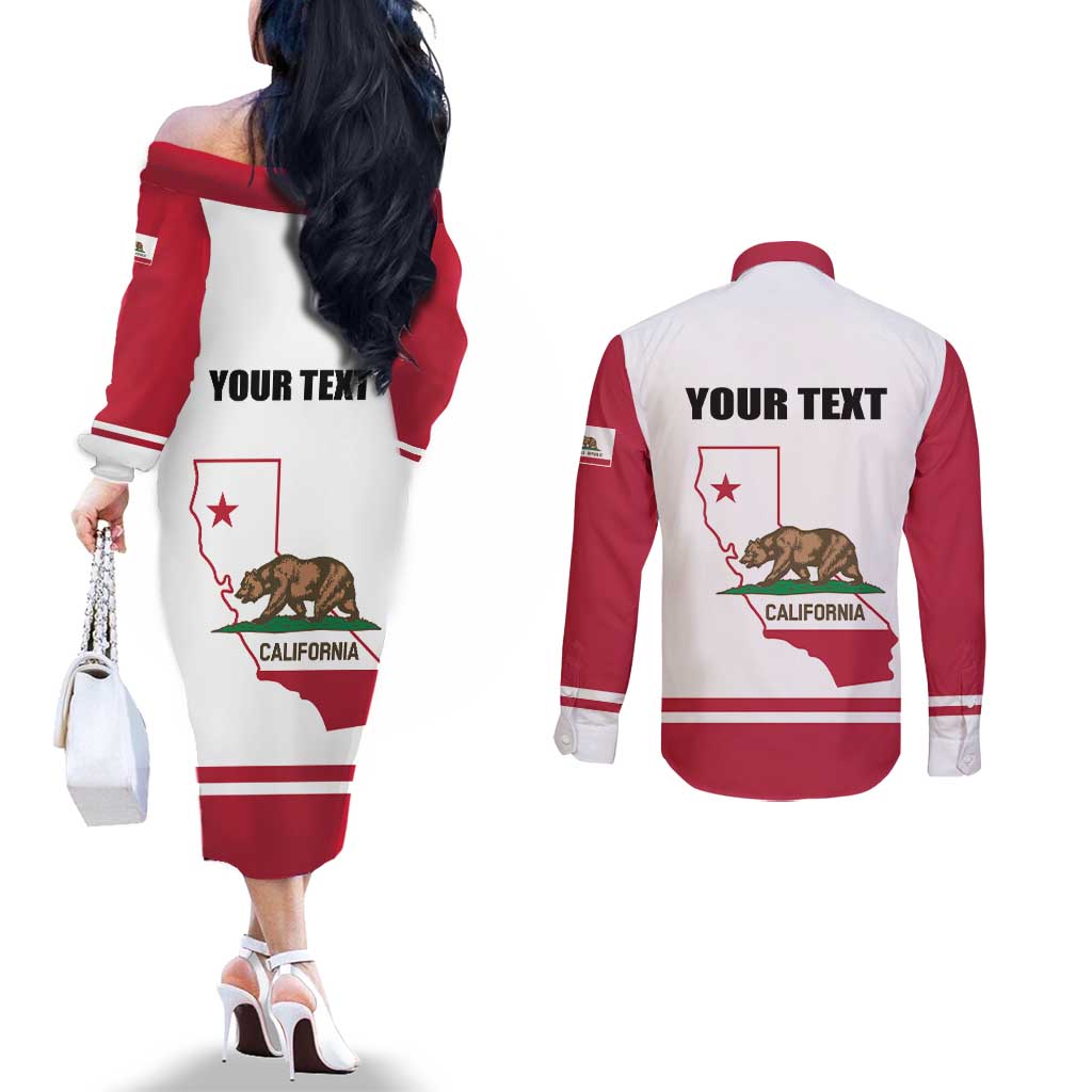 Personalized California Republic Couples Matching Off The Shoulder Long Sleeve Dress and Long Sleeve Button Shirt Red Star The Bear Flag