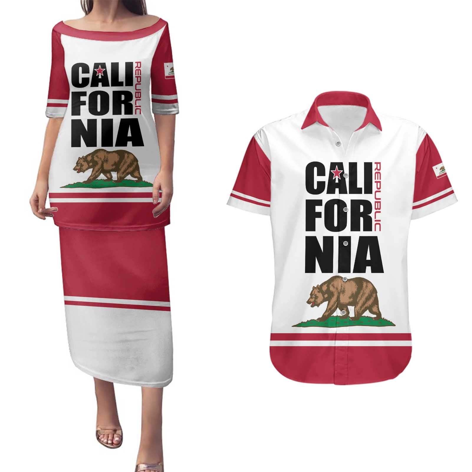 Personalized California Republic Couples Matching Puletasi and Hawaiian Shirt Red Star The Bear Flag