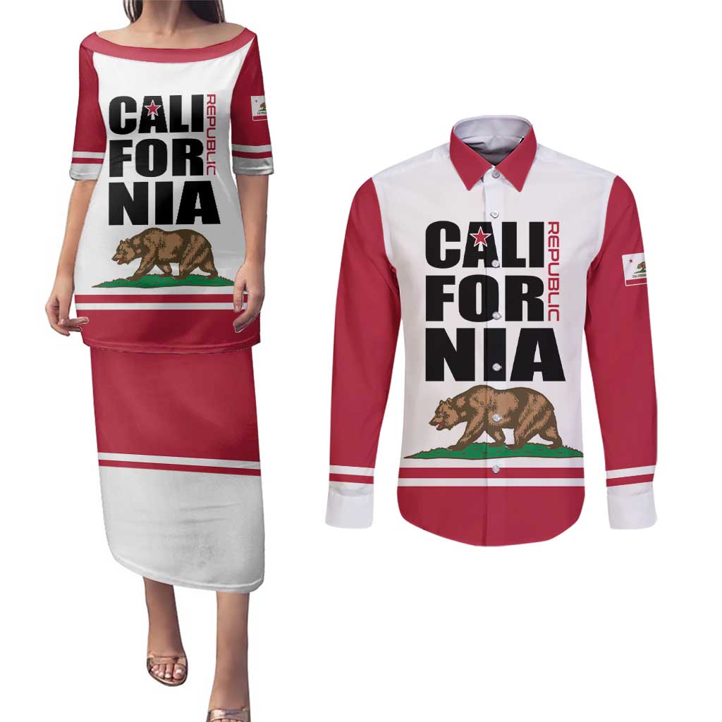 Personalized California Republic Couples Matching Puletasi and Long Sleeve Button Shirt Red Star The Bear Flag