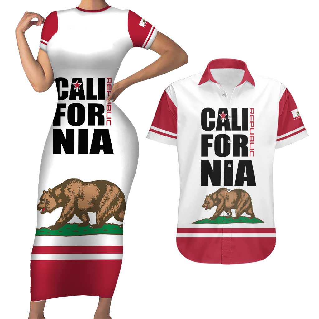 Personalized California Republic Couples Matching Short Sleeve Bodycon Dress and Hawaiian Shirt Red Star The Bear Flag