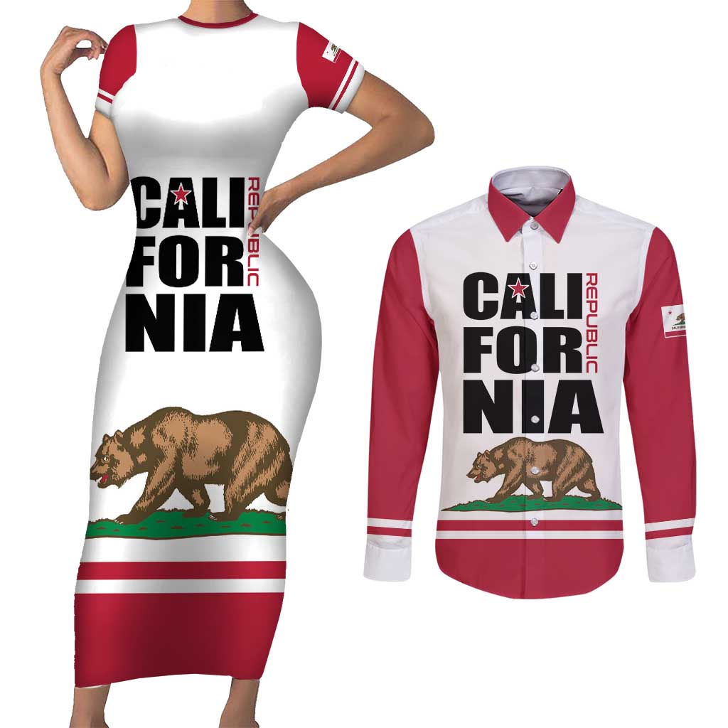 Personalized California Republic Couples Matching Short Sleeve Bodycon Dress and Long Sleeve Button Shirt Red Star The Bear Flag