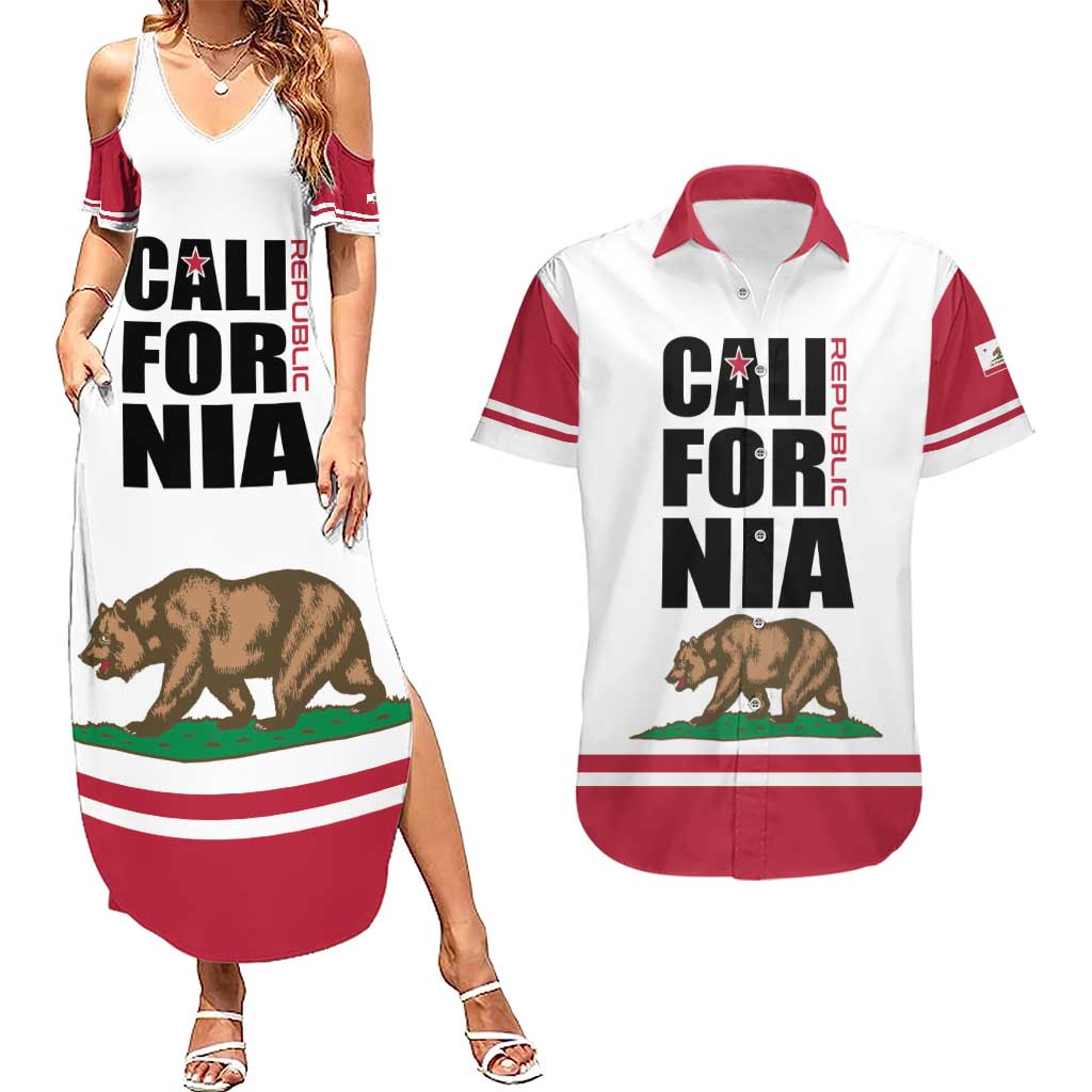 Personalized California Republic Couples Matching Summer Maxi Dress and Hawaiian Shirt Red Star The Bear Flag