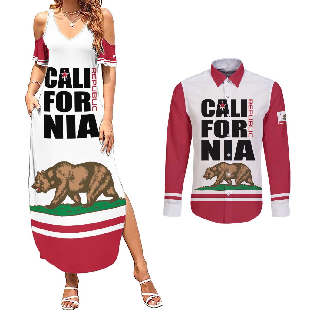 Personalized California Republic Couples Matching Summer Maxi Dress and Long Sleeve Button Shirt Red Star The Bear Flag