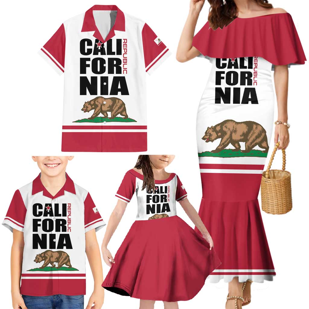 Personalized California Republic Family Matching Mermaid Dress and Hawaiian Shirt Red Star The Bear Flag