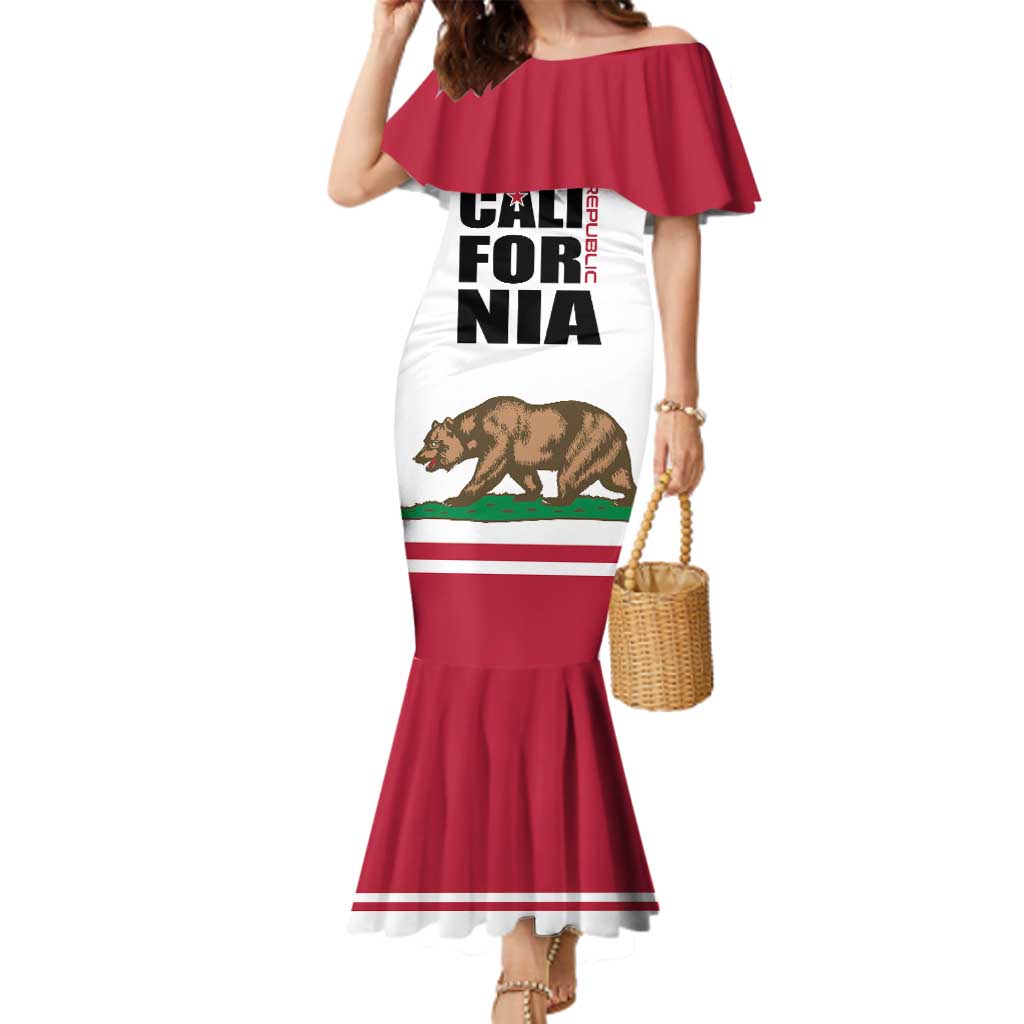 Personalized California Republic Family Matching Mermaid Dress and Hawaiian Shirt Red Star The Bear Flag