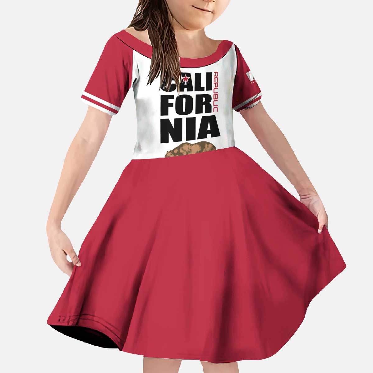 Personalized California Republic Family Matching Off The Shoulder Long Sleeve Dress and Hawaiian Shirt Red Star The Bear Flag