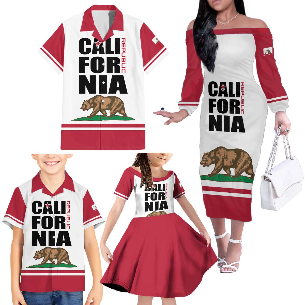 Personalized California Republic Family Matching Off The Shoulder Long Sleeve Dress and Hawaiian Shirt Red Star The Bear Flag