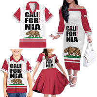 Personalized California Republic Family Matching Off The Shoulder Long Sleeve Dress and Hawaiian Shirt Red Star The Bear Flag