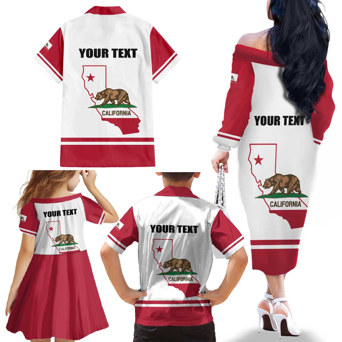 Personalized California Republic Family Matching Off The Shoulder Long Sleeve Dress and Hawaiian Shirt Red Star The Bear Flag