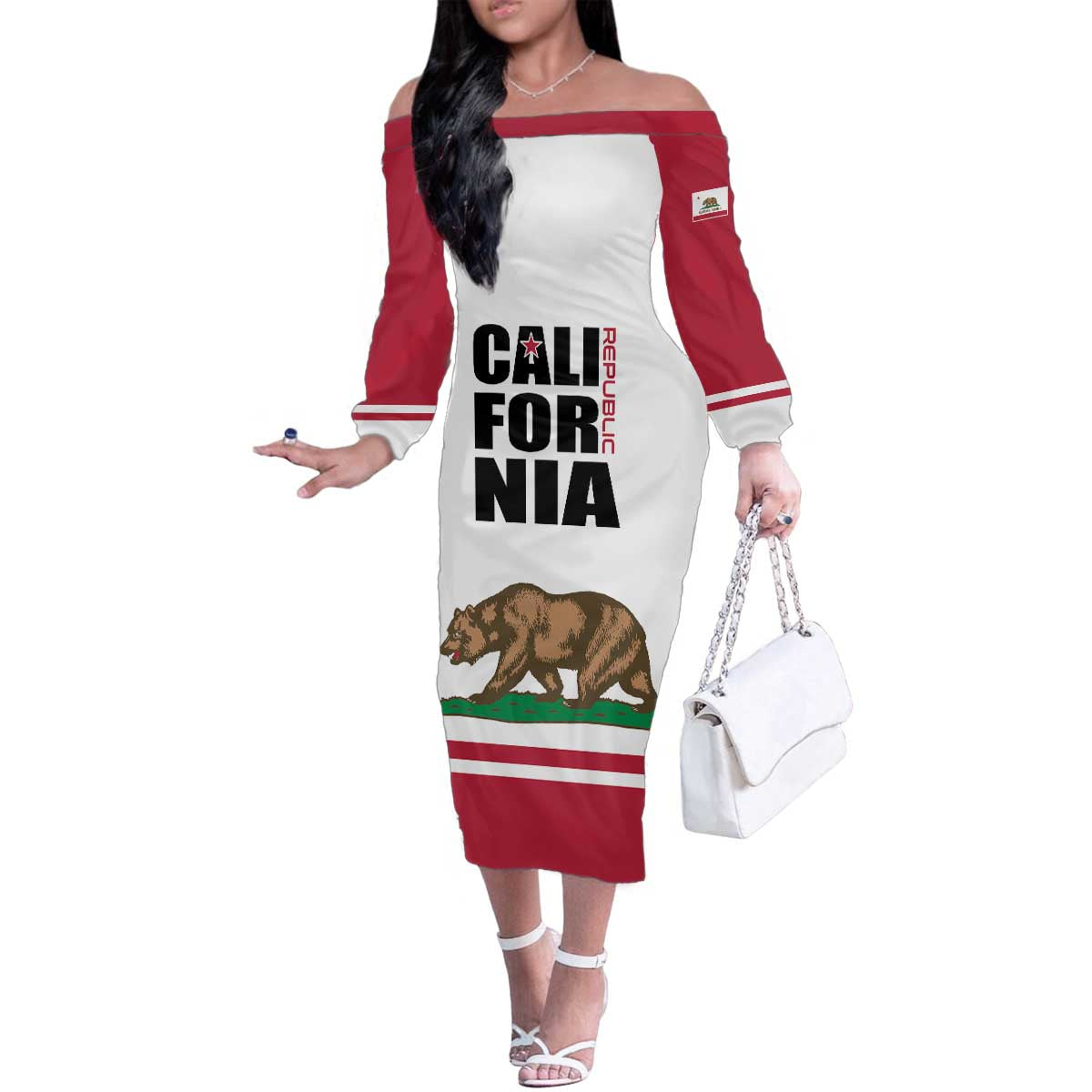 Personalized California Republic Family Matching Off The Shoulder Long Sleeve Dress and Hawaiian Shirt Red Star The Bear Flag