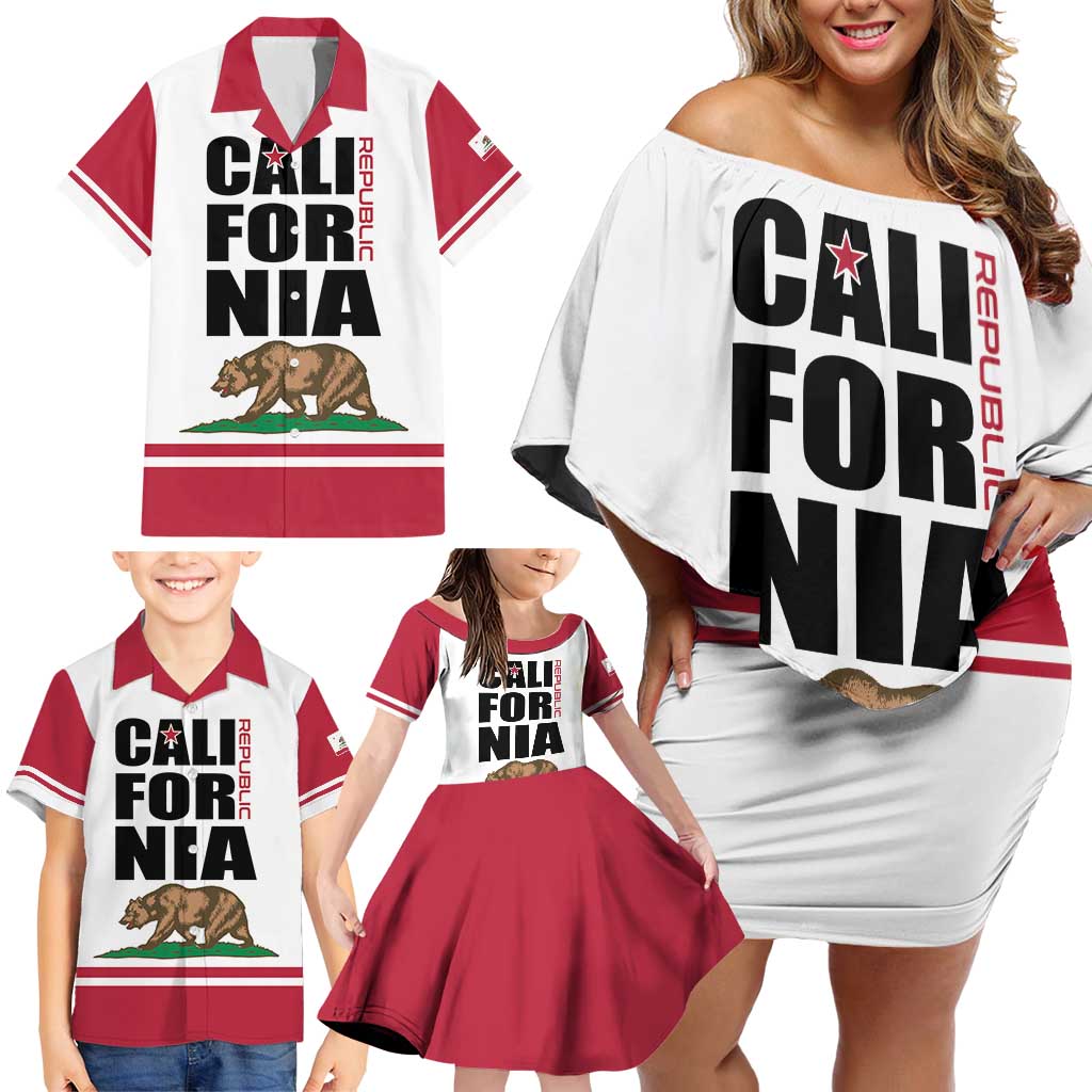 Personalized California Republic Family Matching Off Shoulder Short Dress and Hawaiian Shirt Red Star The Bear Flag