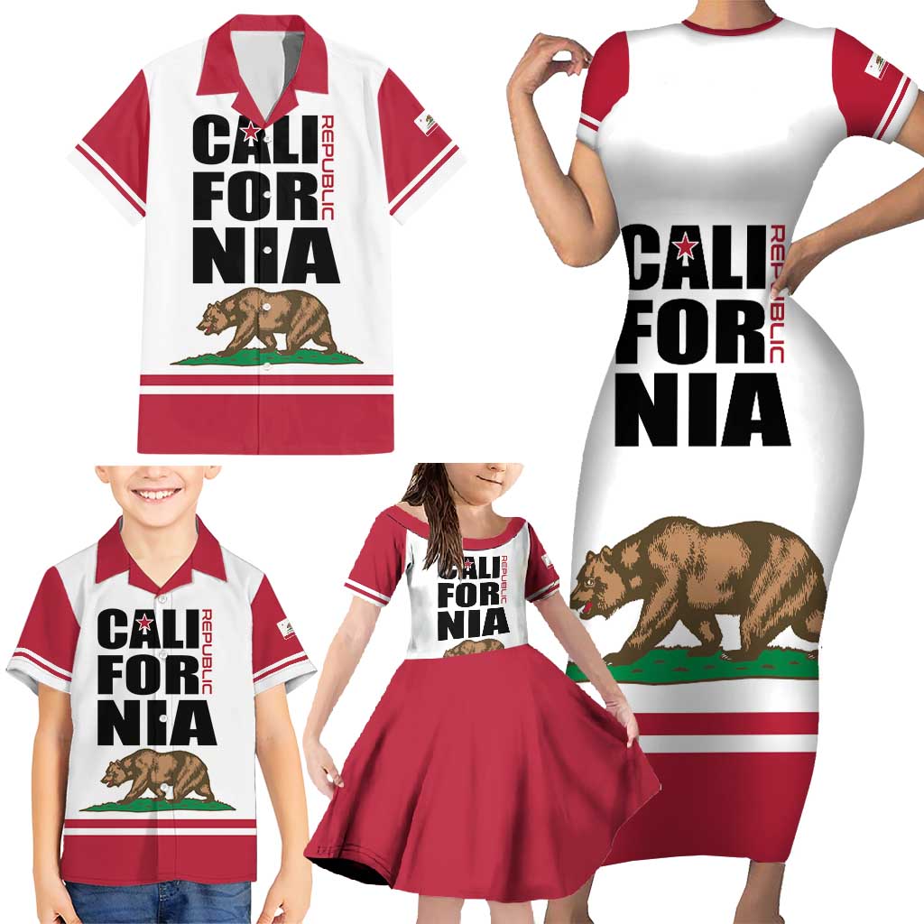 Personalized California Republic Family Matching Short Sleeve Bodycon Dress and Hawaiian Shirt Red Star The Bear Flag