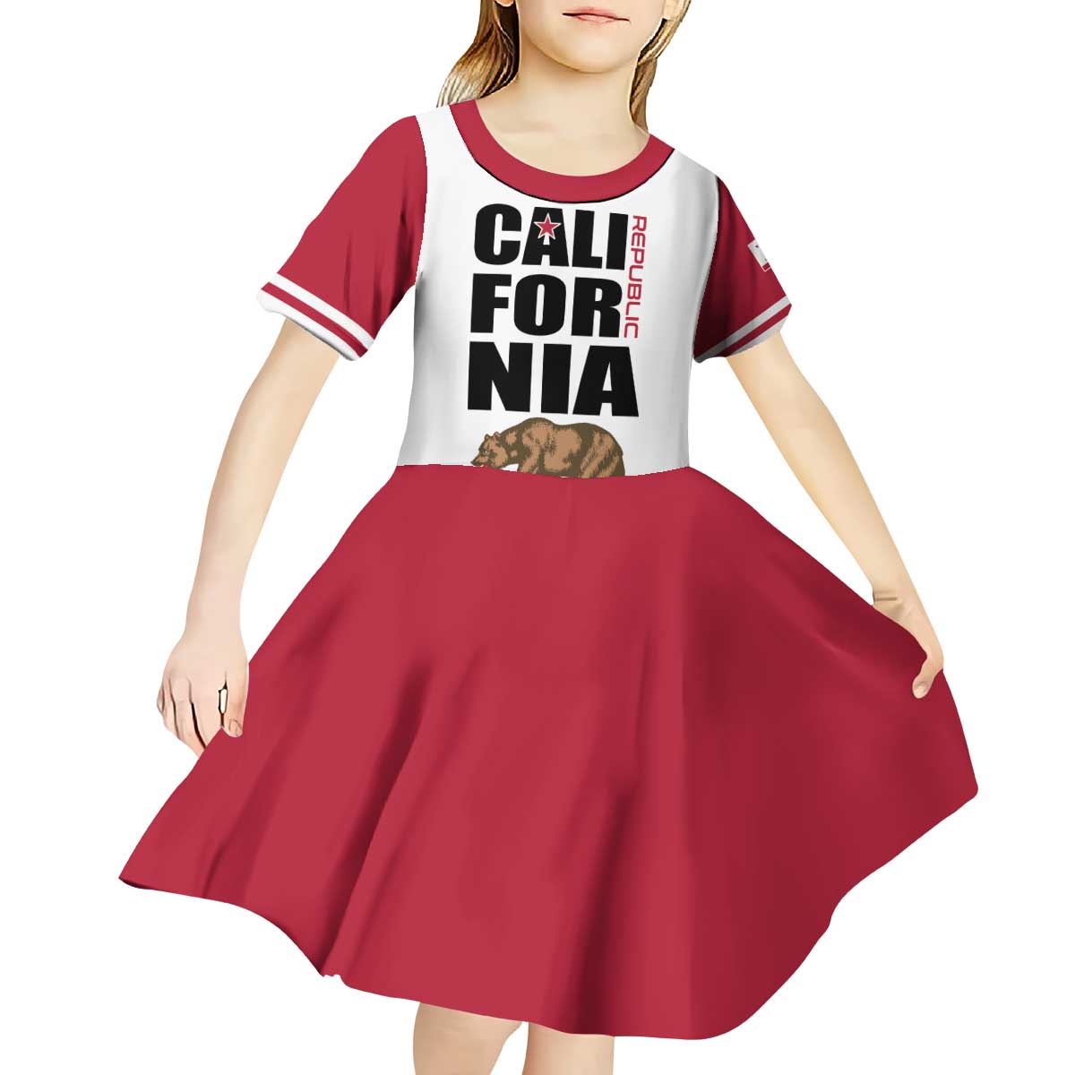 Personalized California Republic Kid Short Sleeve Dress Red Star The Bear Flag