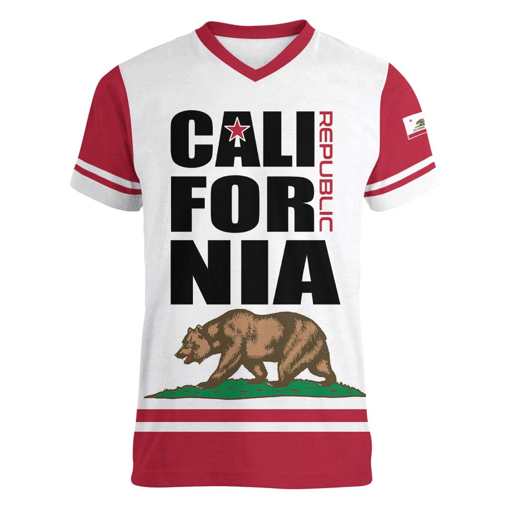 Personalized California Republic Women V-Neck T-Shirt Red Star The Bear Flag