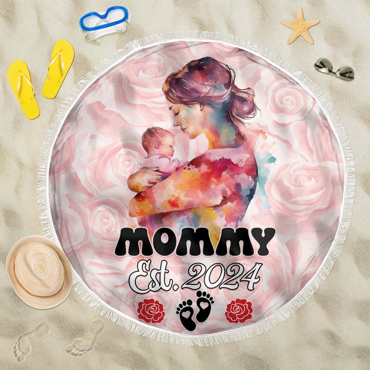 Happy Mother Day Beach Blanket Mommy Est 2024 - Wonder Print Shop