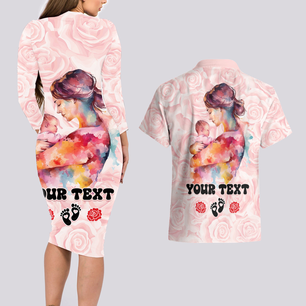 Happy Mother Day Couples Matching Long Sleeve Bodycon Dress and Hawaiian Shirt Mommy Est 2024 - Wonder Print Shop