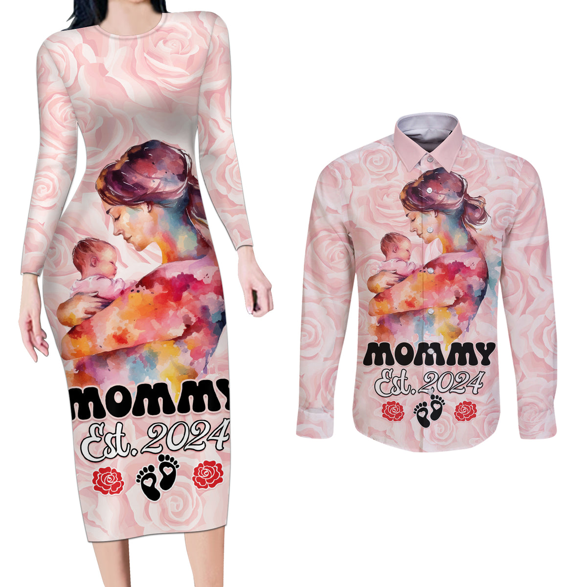 Happy Mother Day Couples Matching Long Sleeve Bodycon Dress and Long Sleeve Button Shirt Mommy Est 2024 - Wonder Print Shop