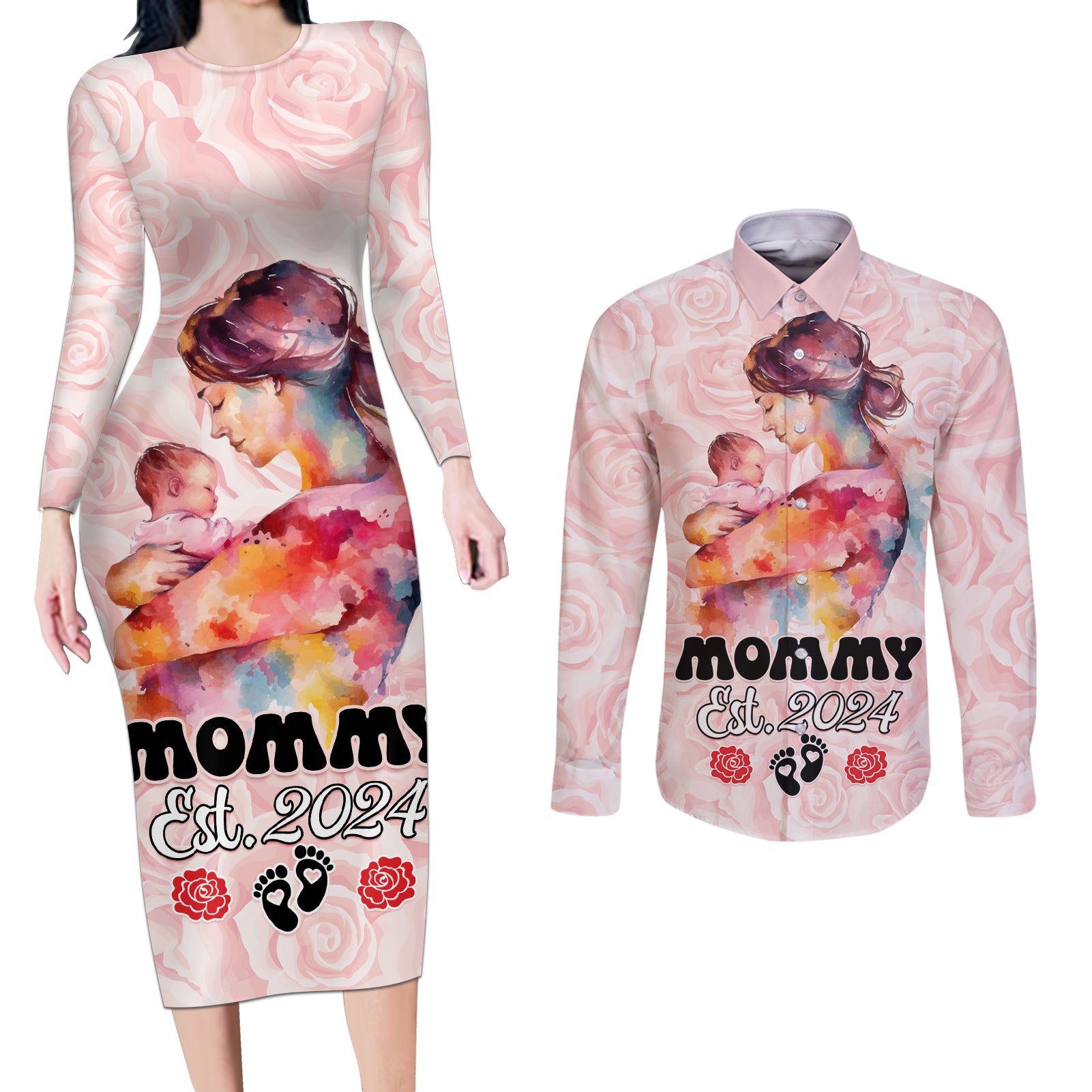 Happy Mother Day Couples Matching Long Sleeve Bodycon Dress and Long Sleeve Button Shirt Mommy Est 2024 - Wonder Print Shop
