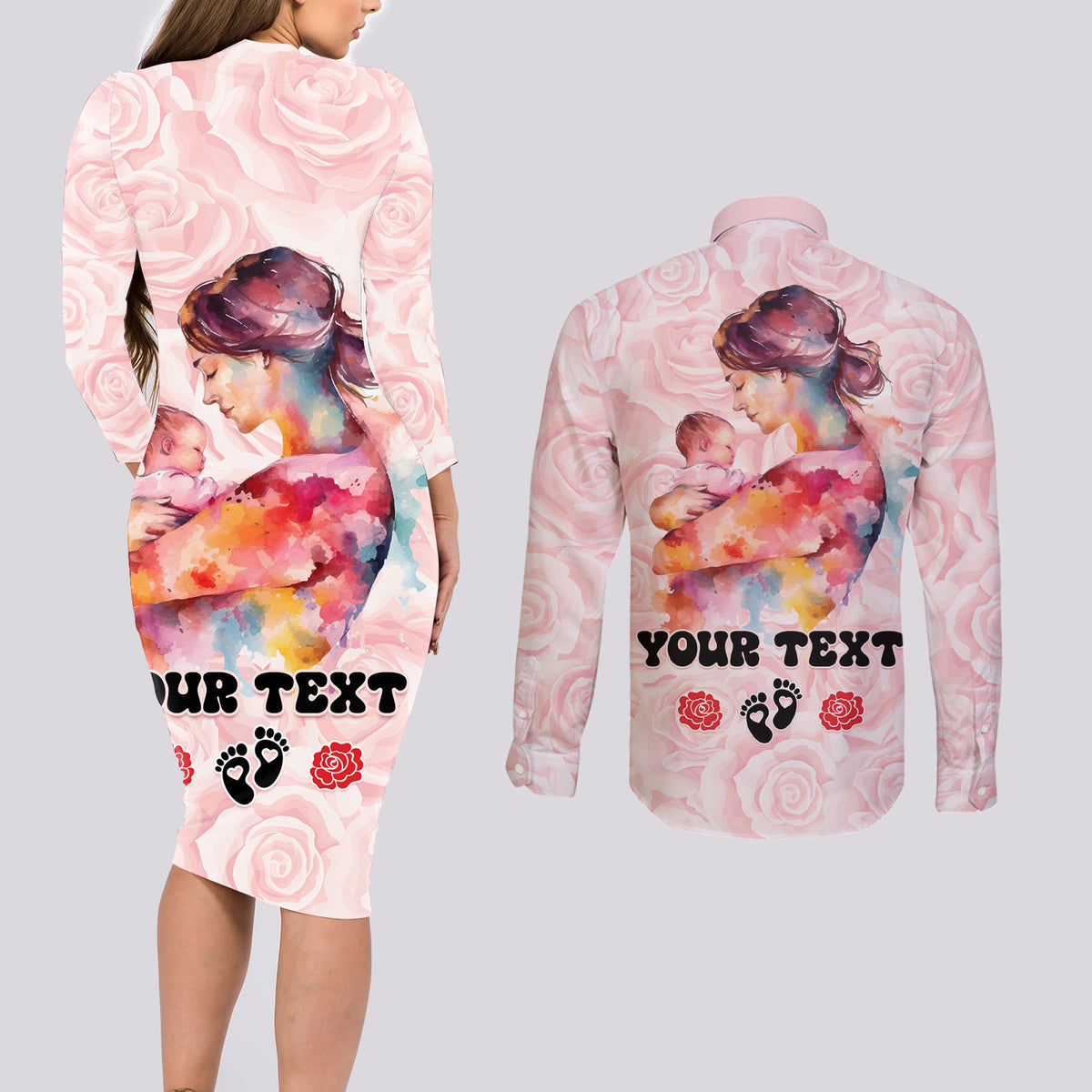 Happy Mother Day Couples Matching Long Sleeve Bodycon Dress and Long Sleeve Button Shirt Mommy Est 2024 - Wonder Print Shop