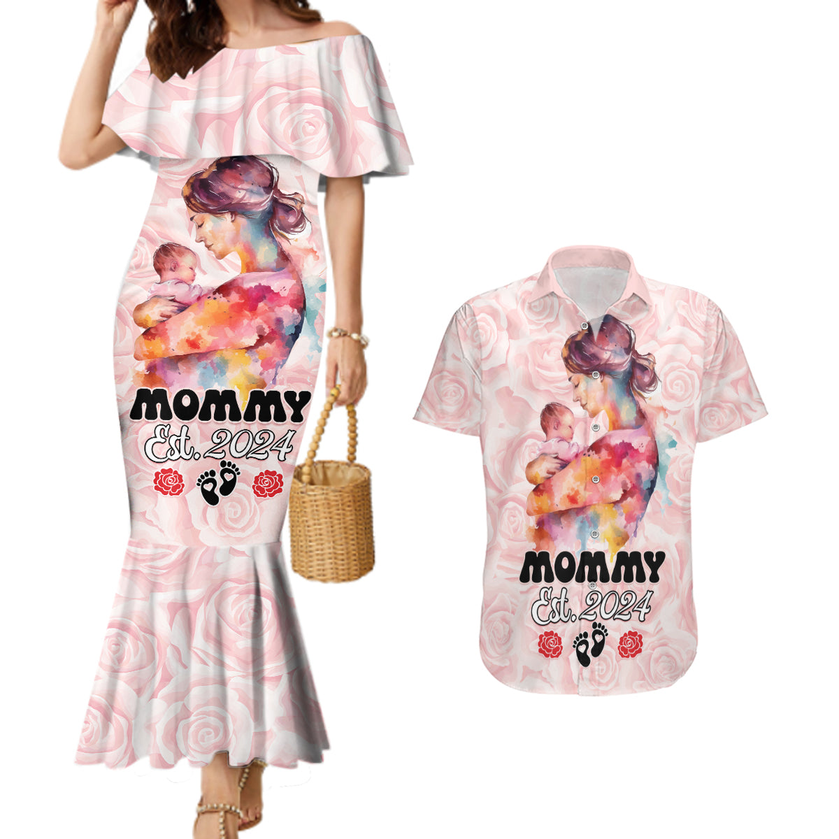 Happy Mother Day Couples Matching Mermaid Dress and Hawaiian Shirt Mommy Est 2024 - Wonder Print Shop