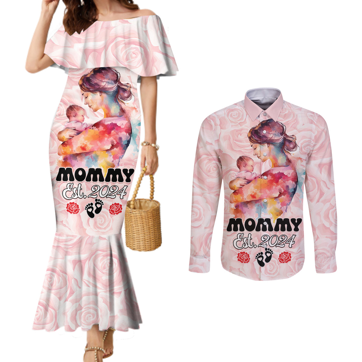 Happy Mother Day Couples Matching Mermaid Dress and Long Sleeve Button Shirt Mommy Est 2024
