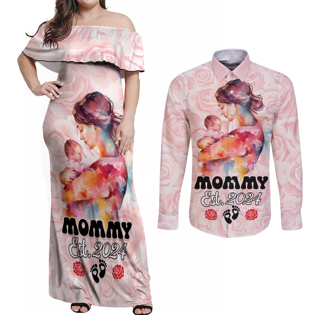 Happy Mother Day Couples Matching Off Shoulder Maxi Dress and Long Sleeve Button Shirt Mommy Est 2024 - Wonder Print Shop